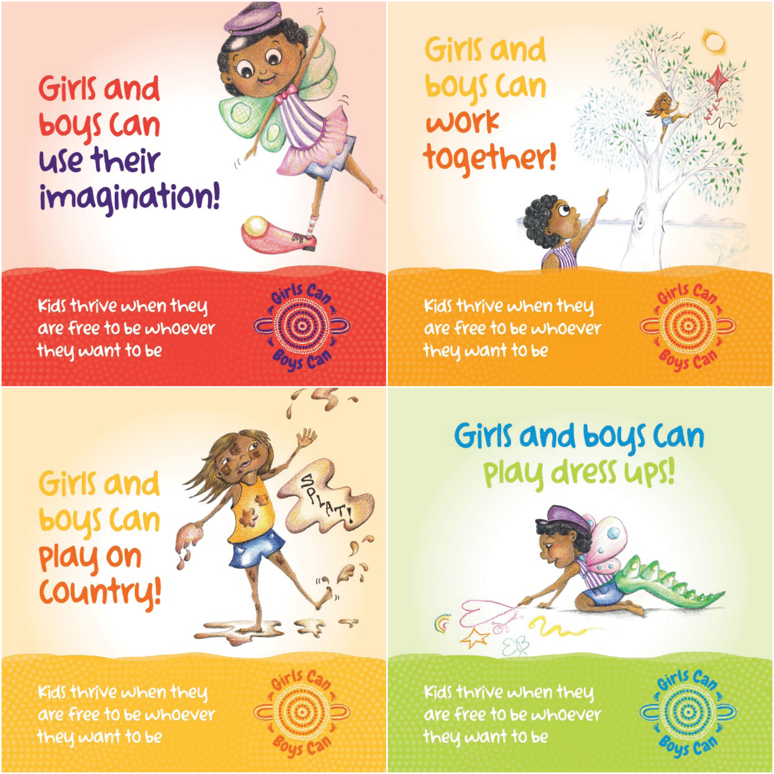 Four GCBC posters used in the social media survey. Top left: Girls and boys can use their imagination! Top right: Girls and boys can work together! Bottom left: Girls and boys can play on country! Bottom right: Girls and boys can play dress ups!