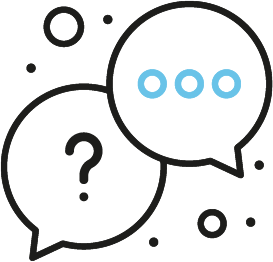 Icons of speech bubbles, circles, and a question mark.