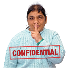 A woman holding her finger up to her mouth with 'confidential' below