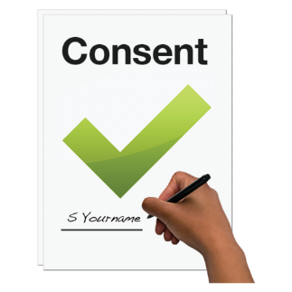 A hand signing a consent form with a tick