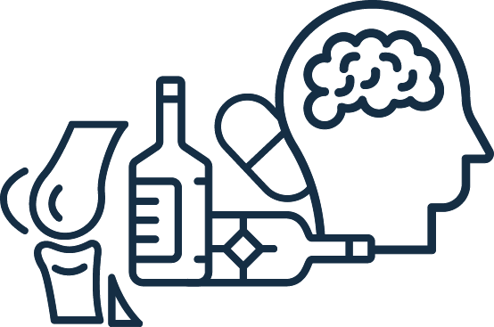 Illustration of bottles and pills and a figure head with a brain inside.