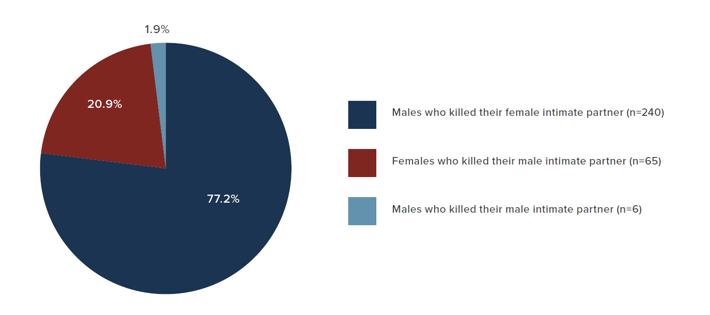 A pie chart with the following data: Males who killed their female intimate partner (n=240): 77.2%. Females who killed their male intimate partner (n=65): 20.9%. Males who killed their male intimate partner (n=6): 1.9%.