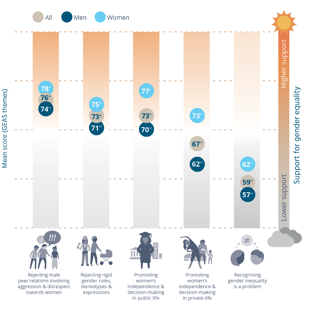 Figure 4-1: Relative levels of support for gender equality by theme and gender+ in the N-MESC sample, by themes, 2017 (means) Data table below