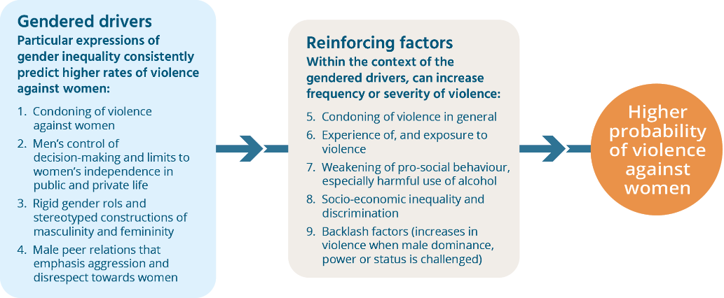 A diagram showing how gendered drivers and reinforcing factors lead to a higher probability of violence against women. The diagram has information under the headings 'Gendered drivers' and 'Reinforcing factors'. There is an arrow that points from list of gendered drivers to the list of reinforcing factors. The text is below: Gendered drivers Particular expressions of gender inequality consistently predict higher rates of violence against women: 1. Condoning of violence against women 2. Men’s control of decision-making and limits to women’s independence in public and private life 3. Rigid gender roles and stereotyped constructions of masculinity and femininity 4. Male peer relations that emphasis aggression and disrespect towards women Reinforcing factors Within the context of the gendered drivers, can increase frequency or severity of violence: 5. Condoning of violence in general 6. Experience of, and exposure to violence 7. Weakening of pro-social behaviour, especially harmful use of alcohol 8. Socio-economic inequality and discrimination 9. Backlash factors (increases in violence when male dominance, power or status is challenged)