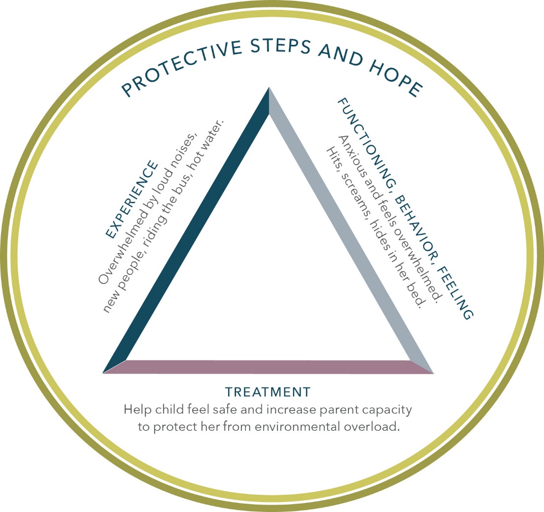 Protective Steps and Hope. Experience: Overwhelmed by loud noises, new people, riding the bus, hot water. Functioning, Behaviour, Feeling: Anxious and feels overwhelmed. Hits, screams, hides in her bed. Treatment: Help child feel safe and increase parent capacity to protect her from environmental overload.