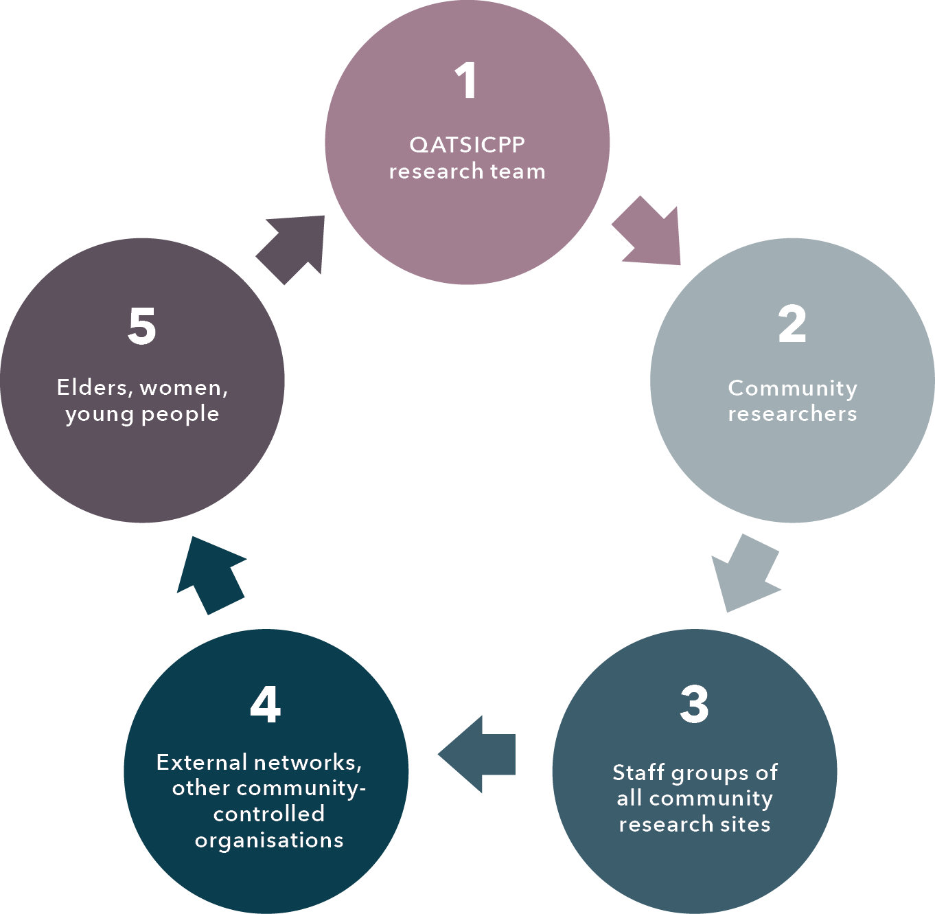 1 QATSICPP research team. 2 Community researchers. 3 Staff groups of all community research sites. 4 External networks, other community-controlled organisations. 5 Elders, women, young people.