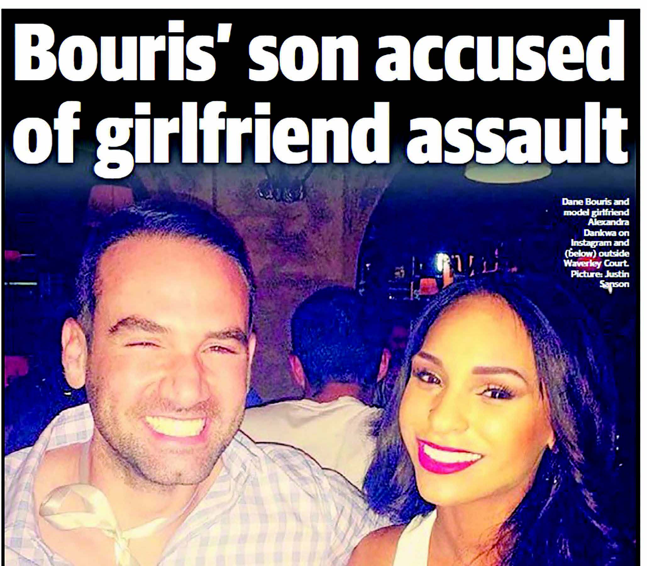 Headline: Bouris' son accused of girlfriend assault. Caption: Dane Bouris and model girlfriend Alexandra Dankwa on Instagram and (below) outside Waverley Court. Picture: Justin Sanson