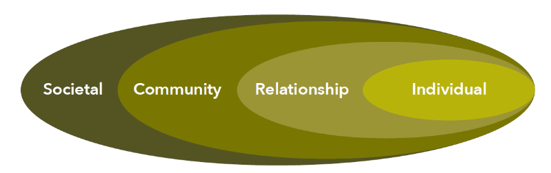 A diagram with four overlapping ovals of different sizes. On the left is the largest oval with the word 'Societal' inside it. Moving to the right is the second largest oval with the word 'Community'. Moving to the right again is the second smallest oval with the word 'Relationship'. Last shape is the smallest oval with the word 'Individual'.