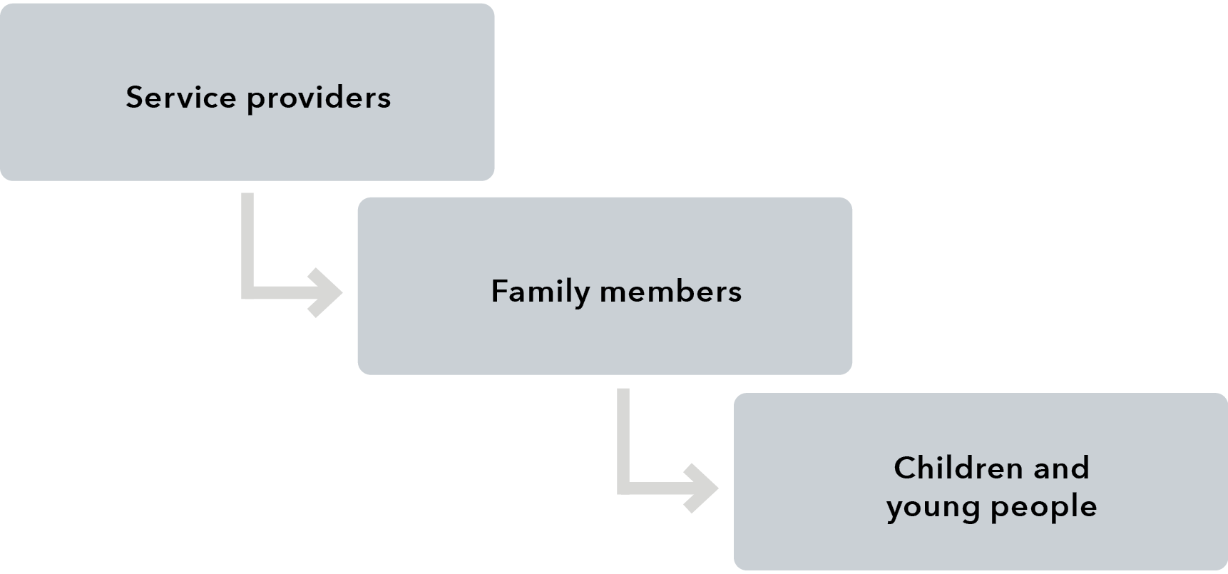A flow chart with three boxes. Service providers points to Family members. Family members points to Children and young people.