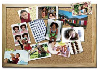 A pin board with lots of photos pinned to it.