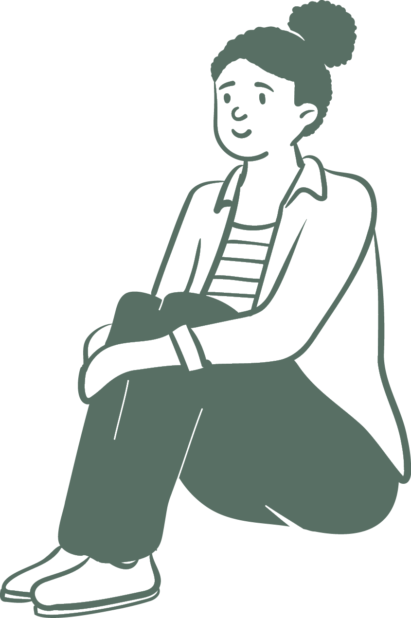 A cartoon image of a girl, sitting casually with her knees tucked into her chest. She is smiling.