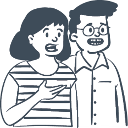 A cartoon image of a mother and father. The mother, on the left is in mid-conversation. The father on the right is smiling while listening.