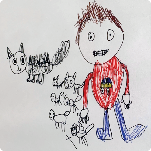 A hand drawn self-portrait by a boy named Isaac, who spoke to the researchers. He is wearing a red shirt and blue pants and is with a group of kittens.