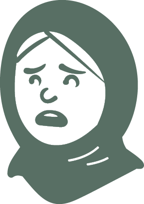 A cartoon image of a girl wearing a hijab. She looks sad and worried. 