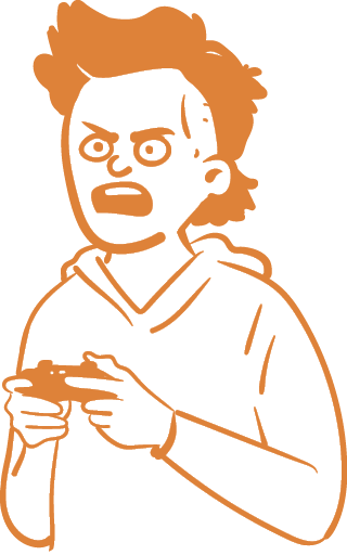 A cartoon image of a boy who is playing a video game. The expression on his face is angry and it looks like he is yelling.