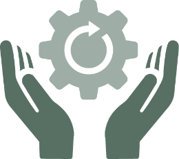 An icon of two hands raised around a cog