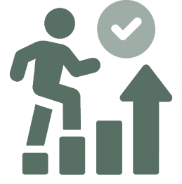An icon of a person walking on a column graph like they are climbing stairs. The person is walking towards a big tick symbol.