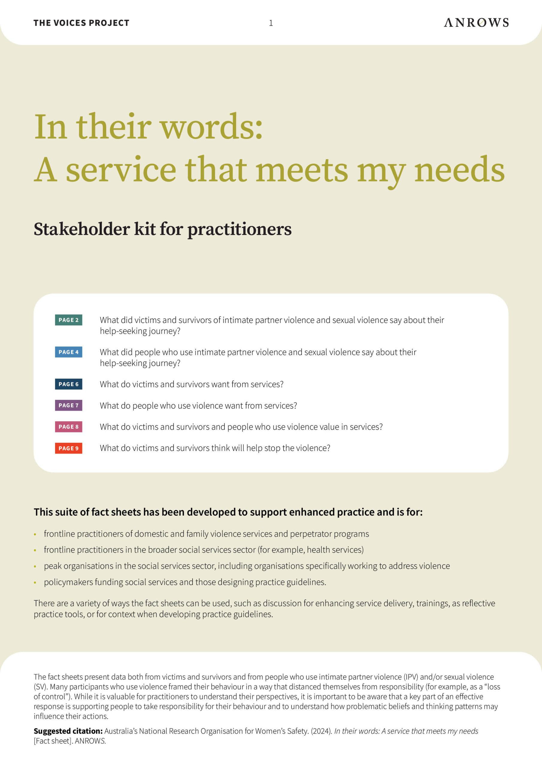 Cover page to a resource for practitioners translating findings from a research project