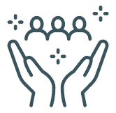 An icon of hands, and three figure icons.