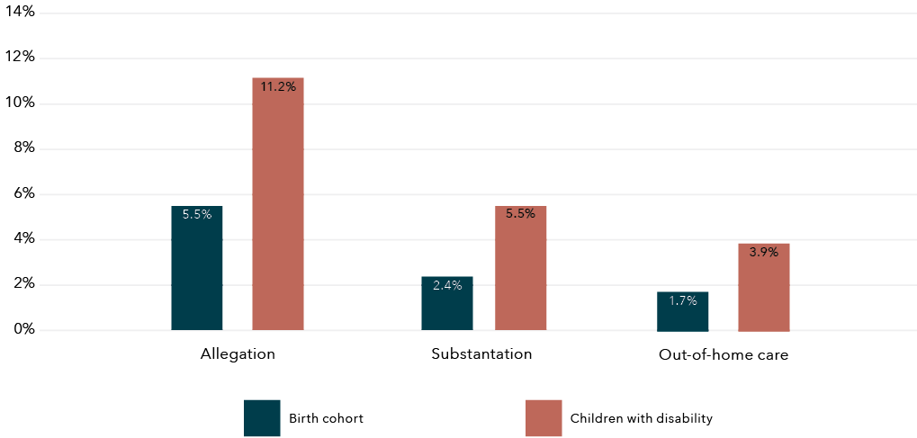 A column graph showing Child protection involvement for children in birth cohort and those with disability. The data for this figure is in the table below.