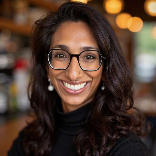 Person with long dark hair and glasses smiling, wearing a black turtleneck and pearl earrings, standing in a warmly lit indoor setting.