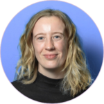 Jade Parker smiles at the camera in a circular headshot, wearing a black high-neck top against a blue background.
